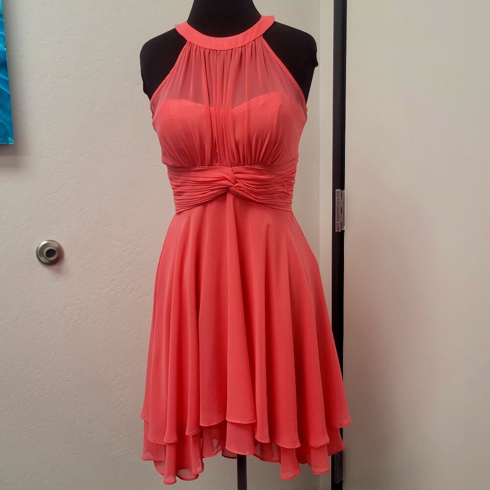 Coral Hi-Lo Halter Neck Chiffon Dress